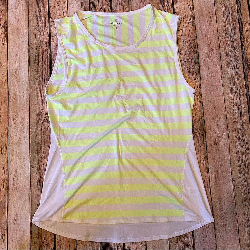 NWOT Athleta Neon Green & White Stripe Athletic Tank Top Rounded Neck Gym Size S